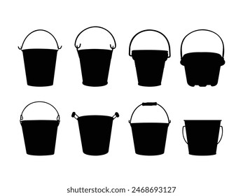 Group of Garden buckets Silhouette isolated white background. Vector Illustration