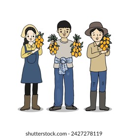 Group of gardener holding Marian Plum, Mayong Chid fruit, hand drawn style vector illustration.