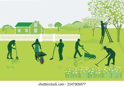 Group gardening, gardener vector illustration