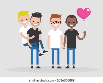 A Group Of Gay Friends. Young Adult Men Couples. LGBT. Flat Editable Vector Illustration, Clip Art