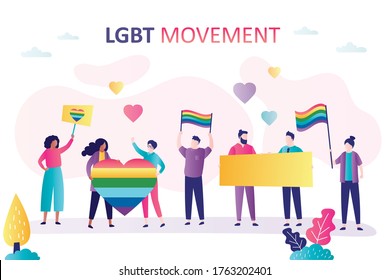 Group of gays and lesbians, activists on parade or protest. Fight for your rights,discrimination homosexual. Lgbt movement. Crowd of people on rally holding placards and flags.Flat vector illustration