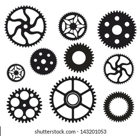 Group of gears in black and white.