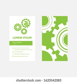 group of gears with green leaves inside one of them, illustrative vector businesses card template