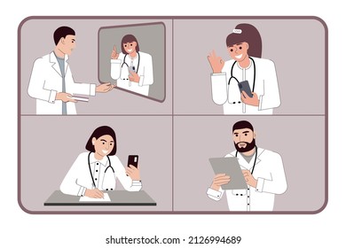A group of general practitioners is holding an online meeting. The concept of physicians holding a conference remotely. Flat vector illustration on white background. For print, web design.