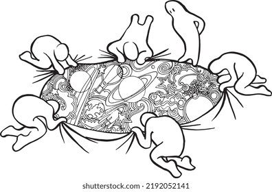 A Group of Generic Figures Observing the Universe and Planets Through a Hole in the Floor