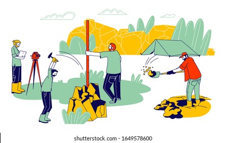 Group of Geologists Working and Digging Soil During Examination, Geology Outdoor Expedition, Camp at Wild Landscape, Procedures with Professional Equipment. Cartoon Flat Vector Illustration, Line Art