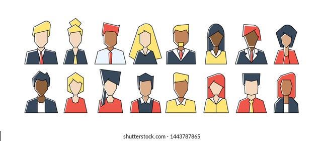 Group of geometric faces working people diversity, diverse business men and women avatar icons. Line people icon. People outline vector set. Linear business people.