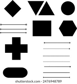 Un grupo de Formas geométricas, incluyendo el cuadrado, círculo, flechas, rombo, hexágono, triángulo, más y menos.