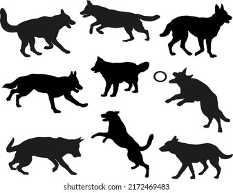 Group of german shepherd dogs. Black dog silhouette. Running, standing, walking, playing, jumping dogs. Isolated on a white background. Pet animals. Vector illustration.