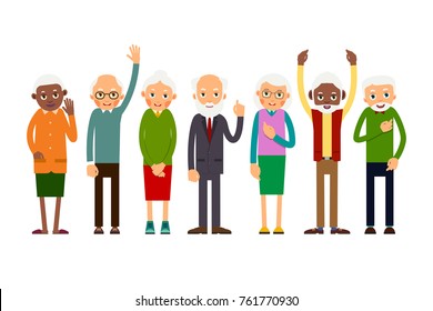 Group of gesticulating elderly people. Aged people caucasian and african. Elderly men and women. Illustration in flat style. Isolated
