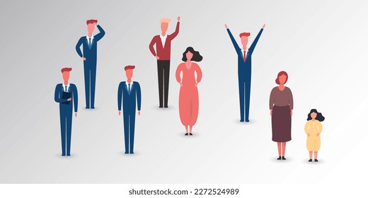 Group of Gesturing Figures, People, Various Characters Standing Together - Women, Men, Child, Adult, Businessmen - Vector Illustration, Clip-Art Template