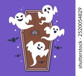 A group of ghost inside a coffin. Isolated Vector Illustration