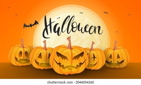 Group of ghost pumpkins with different faces on Halloween night with full moon and bat . for content online or web, banner and template , Flat cartoon flat style. illustration Vector EPS 10