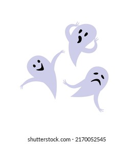 Grupo de fantasmas para Halloween aislados en fondo blanco. Apariciones flotantes con expresión facial de tristeza, alegría y miedo. Hermosos monstruos. Carácter plano vectorial