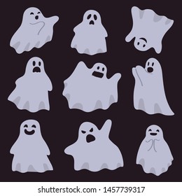 A group of ghosts isolated on a dark background. Halloween characters. Vector illustration in cartoon style.