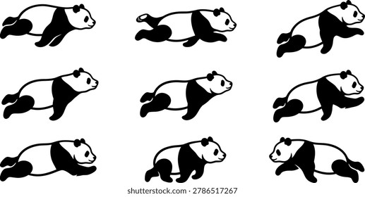 Group of giant panda bear silhouettes showing playful movement and walking poses isolated on a white background