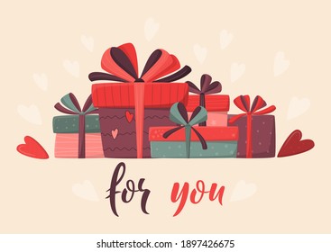 Group of gift boxes. Birthday or valentines day concept. Flat style vector illustration. For card, banner, sale poster. Holiday illustration. 