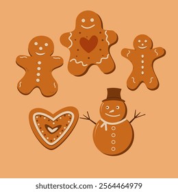 A group of gingerbread men and a snowman are shown in a row