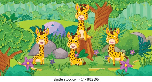 A group of giraffe enjoying in the forest