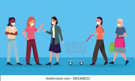 Group of girl characters wearing medical masks. vector illustration design