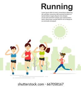 group of girl firends running happily at park. Happy City Lifestyle. Flat character city run training. Happy lifestyle. vector illustration design.