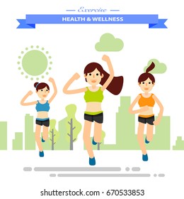 group of girl firends running happily at park. Flat character city run training. Happy lifestyle. vector illustration design.