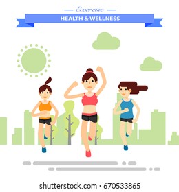 group of girl firends running happily at park. Happy City Lifestyle. Flat character city run training. Happy lifestyle. vector illustration design.