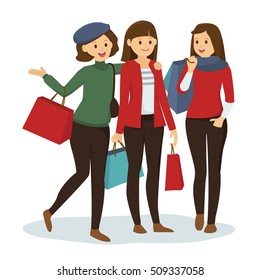 Group of girl friends go shopping for Christmas