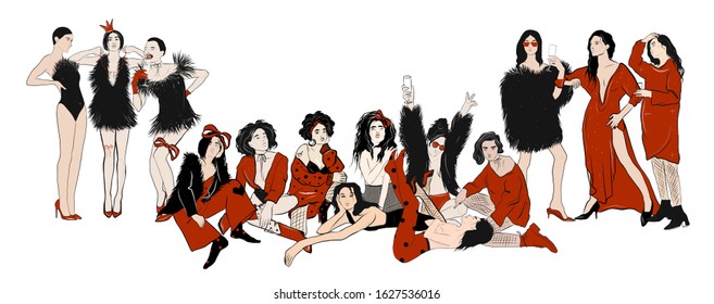 Group of girlfriends, hand drawn women dressed in fashion red and black clothes. Party time. 