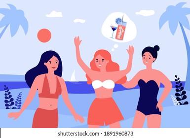 Group of girlfriends planning party on tropical beach. Young women, female friends, alcohol cocktail. Flat vector illustration. Leisure, vacation concept for banner, website design or landing web page