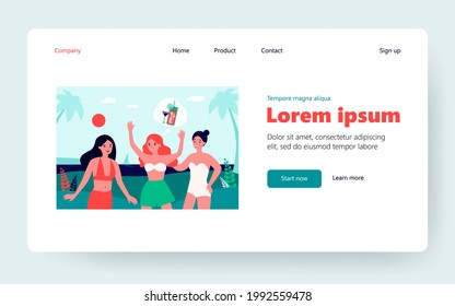 Group of girlfriends planning party on tropical beach. Young women, female friends, alcohol cocktail. Flat vector illustration. Leisure, vacation concept for banner, website design or landing web page