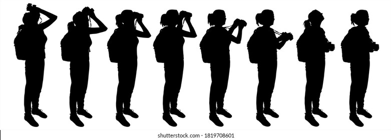 Group of girls with backpacks and binoculars in hands. Woman is an ornithologist. Observers in binoculars stare forward. Side view, profile. Black female silhouettes are isolated on a white background