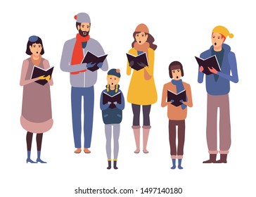 Group of girls and boys wearing outerwear singing Christmas carol. Men, women and children standing holding lyrics books performing hymn. Carolers or choristers isolated illustration. Colorful vector