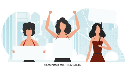 A group of girls came out to protest. Banner in blue tones. Vector illustration in a flat style.