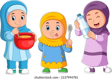 The group of girls are cooking together in the kitchen of illustration