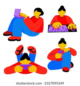 A group of girls correspond with someone using a laptop and a computer and a phone. Communicates via the Internet. Girls play, communicate, work remotely, shop. A bright character on a white