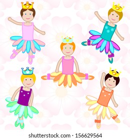 group of girls dancing with their tutus and crowns, in different poses, background flowers.