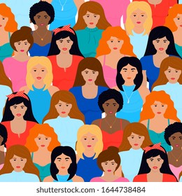 Group of girls of different nationalities seamless pattern. International Women's Day. Power, fight, protest, strength, rights concept