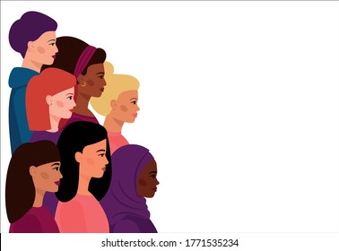 A group of girls with different skin and hair colors. A symbol of feminism, Sisterhood, and the struggle for equal rights. Vector illustration.