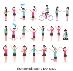 group of girls doing activities characters vector illustration design
