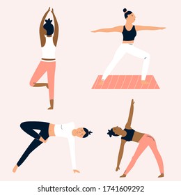 Group of girls doing yoga. Characters in different asanas. Vector illustration