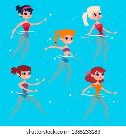 A Group Of Girls Are Engaged On The Background Of The Pool. Water Aerobics With An Instructor. Retro Picture. Vector Illustration In Cartoon Style.