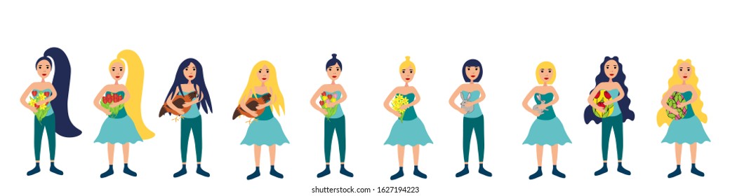 Group of girls with flowers, rabbits, chicken and easter eggs in their hands isolated on white background. Stock vector illustration for decoration and design, postcards, posters, banners, web pages 