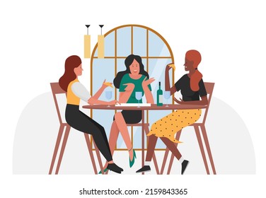 Group of girls friend in cafe. Spending funny time together, women friendship vector illustration