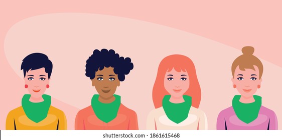 group of girls with green bandana. Representation of protest about right to abortion. Flat illustrations. Vector