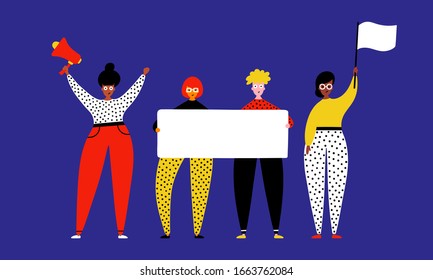 Group of girls holding placard, megaphone and flag - Women protesters, activists - Fight for rights, social movement concept - Characters vector illustration on blue background