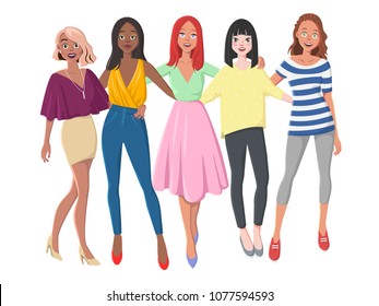 Group of Girls are Hugging. Friendship Among Women. Vector Illustration in a Cartoon Style