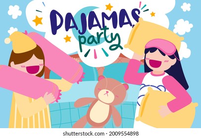 A group of girls organize a pajama party. They dressed in beautiful pajamas and flirted with each other with pillows and bolsters. 