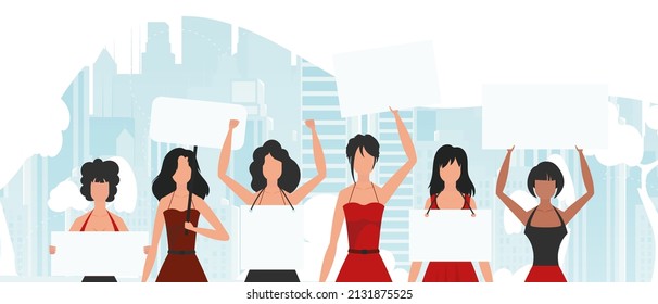 A group of girls are protesting. Banner in blue tones. Vector illustration in a flat style.