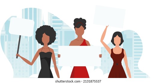 A group of girls are protesting. Banner in blue tones. Cute illustration in flat style.